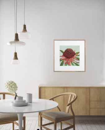 A bold red waratah with green leaves against a sage-green background