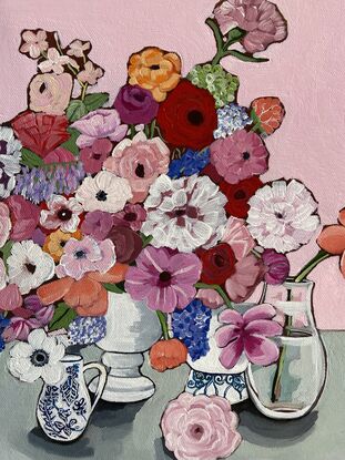 Lots of abstract flowers in patterned vases 