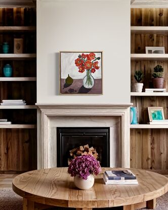 Poppies in the vase with pear on table