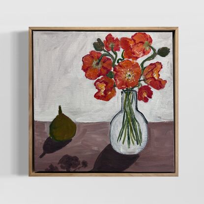 Poppies in the vase with pear on table