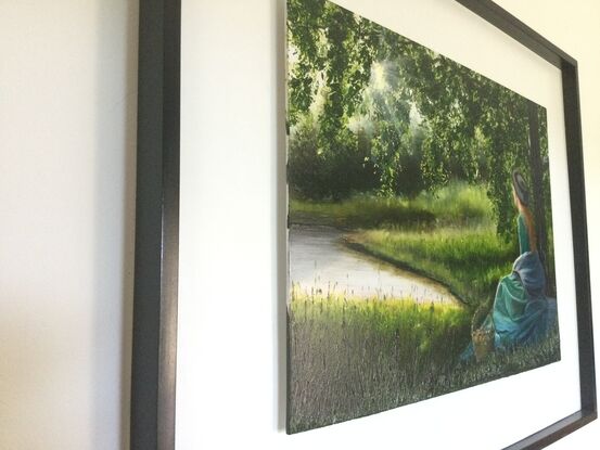 Landscape painting of Lady and the picnic underneath of the big tree 