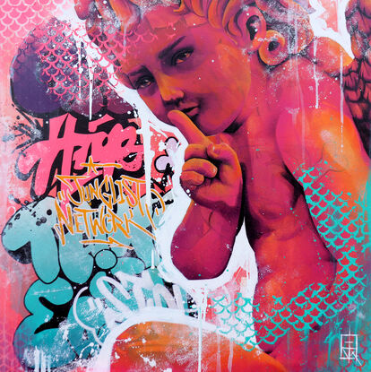 This painting depicts Cupid, the mischievous Roman god of love, in a vibrant and modern street art style. He is painted in bold shades of pink and orange, with a playful and cheeky expression on his face. Cupid holds a finger to his lips in a "shh" gesture, suggesting a secret or playful mischief.

The background is an energetic explosion of graffiti elements, with colorful tags and stencils in shades of pink, blue, and yellow. Prominent graffiti text includes phrases like "Junglist Network," adding to the urban, rebellious vibe of the artwork. Cupid's wings and body are adorned with fish-scale patterns in turquoise, adding an additional layer of texture and depth.

Drips and splatters of paint are scattered throughout the piece, giving it a raw and dynamic feel, characteristic of street art. The overall composition is both playful and edgy, blending classical mythology with contemporary urban culture.