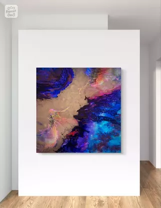 hand-painted textured canvas alcohol ink art bold abstract shapes vibrant colours three dimensional effect layers mixed acrylic medium gold and blue feature art resin

