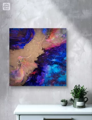 hand-painted textured canvas alcohol ink art bold abstract shapes vibrant colours three dimensional effect layers mixed acrylic medium gold and blue feature art resin

