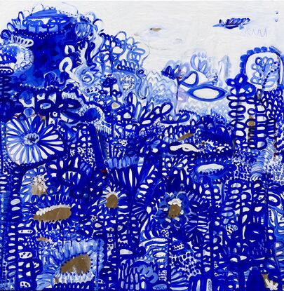 Small blue lines and shapes depicting a landscape on a background of white, varied splashes of gold and red