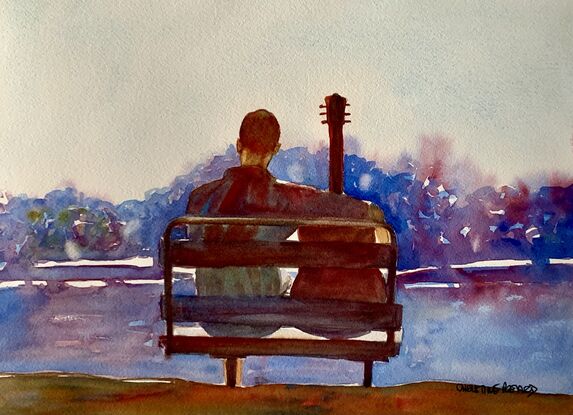 artwork which is the image of a man sitting on a bench with his arm around his precious guitar looking at the river flowing by in front of him
