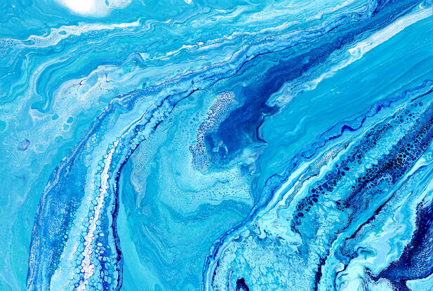 ABSTRACT painting that gives the impression of soothing ocean waves  The intricate mosaic pattern within the tonal blue hues and the glimmering metallics adds added interest and intrigue.  
The ocean is a gorgeous combination of aquamarine, turquoise, blues.
The closer you get to the painting the more of the interesting details and patterns you can see. Metallics add an extra depth because the painting changes personality when one views from different angles.l
 it could be the shores of Australia or any ocean or lake., any where in the world you want it to be.