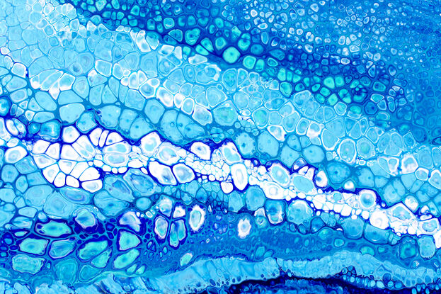 ABSTRACT painting that gives the impression of soothing ocean waves  The intricate mosaic pattern within the tonal blue hues and the glimmering metallics adds added interest and intrigue.  
The ocean is a gorgeous combination of aquamarine, turquoise, blues.
The closer you get to the painting the more of the interesting details and patterns you can see. Metallics add an extra depth because the painting changes personality when one views from different angles.l
 it could be the shores of Australia or any ocean or lake., any where in the world you want it to be.