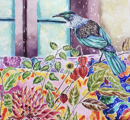 highly detailed extra large watercolor painting of 2 tui birds from New Zealand in a colorful interior with a glass vase of flowers