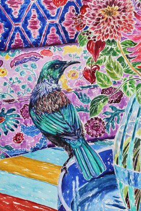 highly detailed extra large watercolor painting of 2 tui birds from New Zealand in a colorful interior with a glass vase of flowers