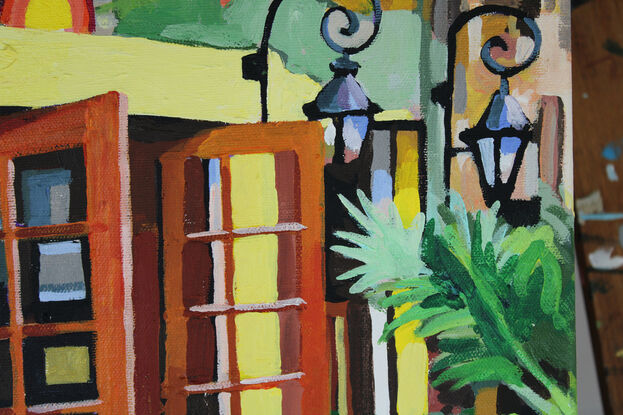 The artwork is a vibrant, expressive painting featuring an outdoor café scene. The use of bold, contrasting colors gives the piece an energetic and lively atmosphere, reminiscent of the Fauvist movement with its disregard for realistic coloration and emphasis on painterly qualities. The composition includes an open French door, colorful chairs, tables with patterned tablecloths, and street lamps, framed by lush greenery. The brushstrokes are visible and confidently applied, adding to the overall texture and dynamism of the scene. The sunlight seems to be filtering into the café, creating a warm and inviting ambiance.