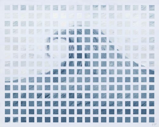 A grid of textured blue, white and grey squares, slightly extruding from the canvas, representing an ocean wave, set against a background of light blue/grey.