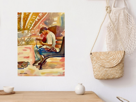 artwork which is the image of a man sitting on a bench busking with his guitar
