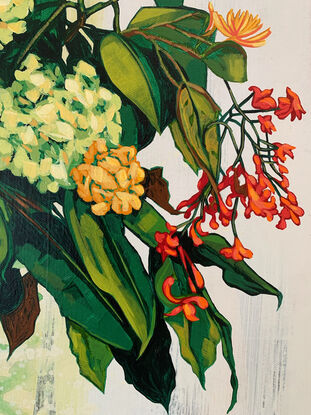 A framed, expressive still life painting of entangled flora in greens, yellows, reds, pinks and oranges.