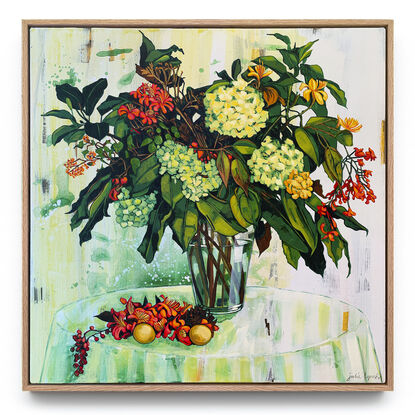 A framed, expressive still life painting of entangled flora in greens, yellows, reds, pinks and oranges.