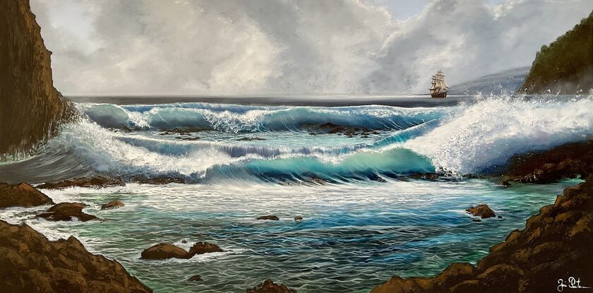 Ocean waves crashing to rocky shore and Sailing Ship