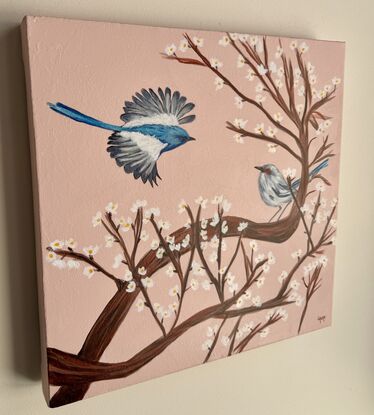 Fairy wren in love 
Acrylic on premium canvas lightly textured.
Thin varnish matt
Sweet colours to enhance a bedroom or little office 
Pink background give some light and touch of warm 
I keep the idea to give a duality between the Australian birds and the minimalist Japanese deco . 
Each painting is provided with a certificate of authenticity and wrapped securely with thick cardboard.
