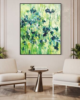 This piece, titled "Green Spring," vividly depicts a lush garden in oil on canvas. The painting's vibrant greens and delicate brushstrokes invite the viewer into a secret garden, evoking a sense of tranquility and peace. The artist's mastery of technique and rich use of color capture the play of light and shadow among the leaves and the gentle sway of flowers in the breeze​ 