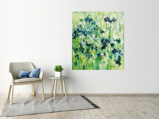 This piece, titled "Green Spring," vividly depicts a lush garden in oil on canvas. The painting's vibrant greens and delicate brushstrokes invite the viewer into a secret garden, evoking a sense of tranquility and peace. The artist's mastery of technique and rich use of color capture the play of light and shadow among the leaves and the gentle sway of flowers in the breeze​ 