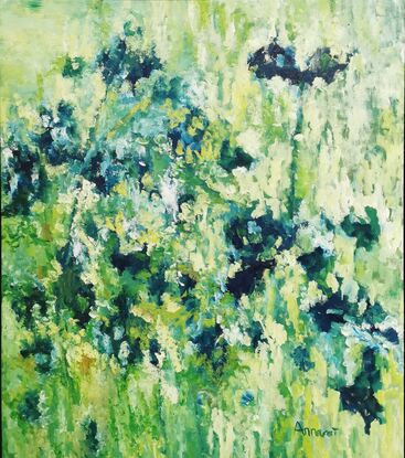 This piece, titled "Green Spring," vividly depicts a lush garden in oil on canvas. The painting's vibrant greens and delicate brushstrokes invite the viewer into a secret garden, evoking a sense of tranquility and peace. The artist's mastery of technique and rich use of color capture the play of light and shadow among the leaves and the gentle sway of flowers in the breeze​ 