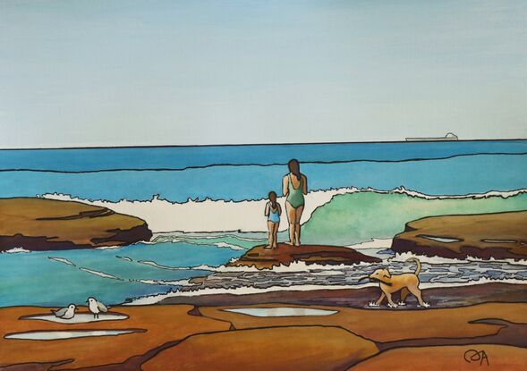 Two figures, a mum and daughter, stand on the rocks watching the turquoise waves at the beach. A small dog runs past and two seagulls look on. The cobalt blue and turquoise of the sea are set against the warm sienna of the rocks.