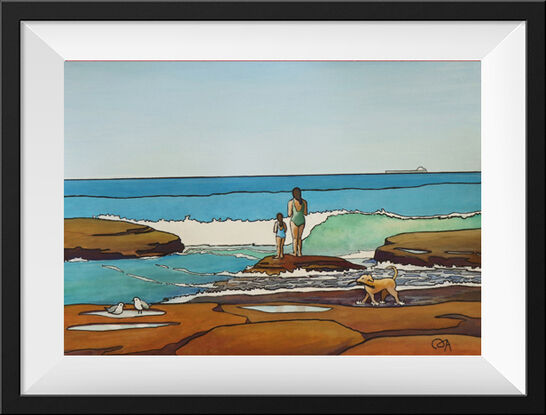 Two figures, a mum and daughter, stand on the rocks watching the turquoise waves at the beach. A small dog runs past and two seagulls look on. The cobalt blue and turquoise of the sea are set against the warm sienna of the rocks.