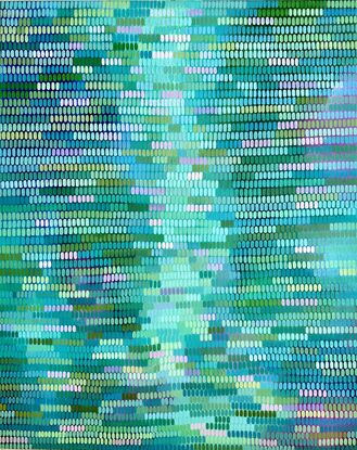 Blues, greens, peach lilac and pink  repetitive mark making, using a small brush to create a veneer over the abstract landscape below.  resulting in a calming work.