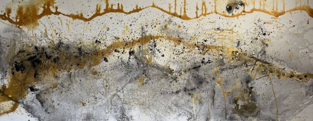 gold, black, grey paint on a white background. Stretched canvas, landscape portrait. Energetic mark making.