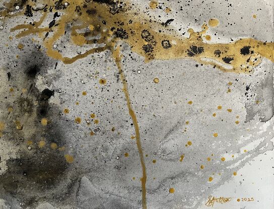 gold, black, grey paint on a white background. Stretched canvas, landscape portrait. Energetic mark making.