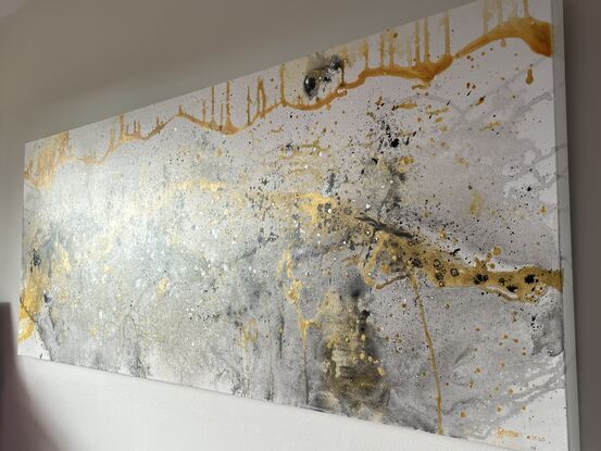 gold, black, grey paint on a white background. Stretched canvas, landscape portrait. Energetic mark making.