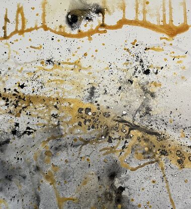 gold, black, grey paint on a white background. Stretched canvas, landscape portrait. Energetic mark making.