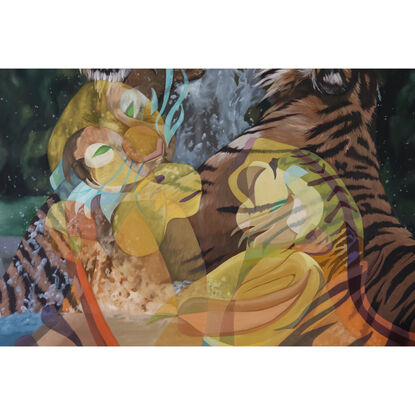 Two tigers playing in water. There is a backdrop of forest greenery. An abstract version of the tigers made of colourful shapes  is painted over the top of the scene. 