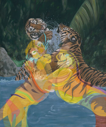 Two tigers playing in water. There is a backdrop of forest greenery. An abstract version of the tigers made of colourful shapes  is painted over the top of the scene. 