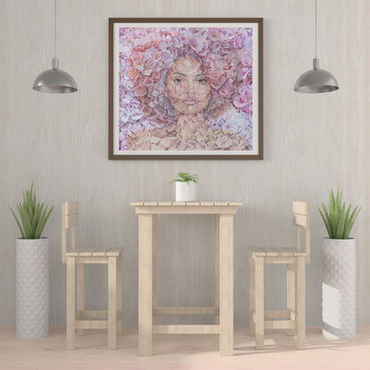 Portrait of a beautiful mixed race woman created by an abundance of hydrangea blooms.