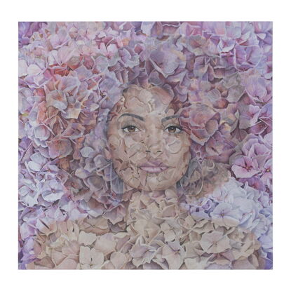 Portrait of a beautiful mixed race woman created by an abundance of hydrangea blooms.