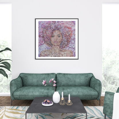 Portrait of a beautiful mixed race woman created by an abundance of hydrangea blooms.