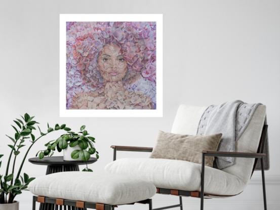 Portrait of a beautiful mixed race woman created by an abundance of hydrangea blooms.