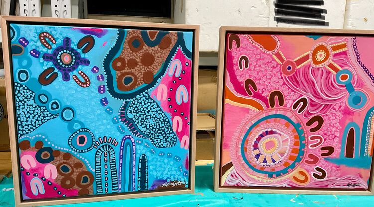 Pink and blue Artwork inspiration, my connections to my Country and Aboriginal culture.  #aboriginalart
#pink #orange #culture #country #framed #symbols