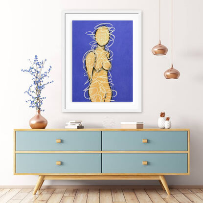 Contemporary abstract minimalist figurative nude art drawing by Sabina D'Antonio, with deep violet and neutral tan colours.