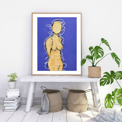 Contemporary abstract minimalist figurative nude art drawing by Sabina D'Antonio, with deep violet and neutral tan colours.