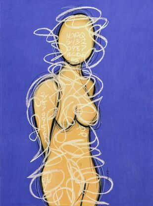 Contemporary abstract minimalist figurative nude art drawing by Sabina D'Antonio, with deep violet and neutral tan colours.