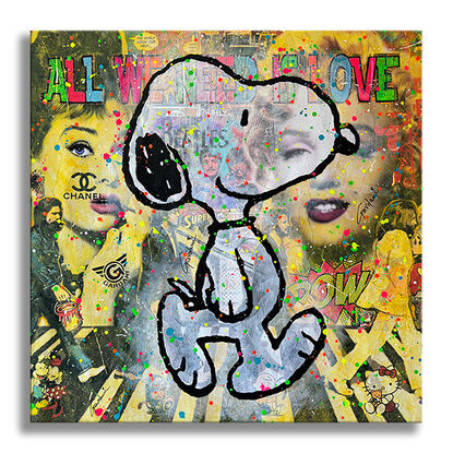 peanuts, snoopy, abbey road, the beatles, collage, acrylic, yellow, white, oil on canvas, wall painting, street art, mix media, wall art, love,