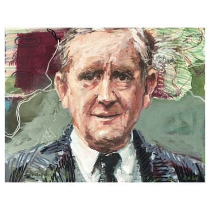 An original painting of JRR Tolkien, taken from a photo of him found on the internet painted on board ready to hang with chord fastened to the back.