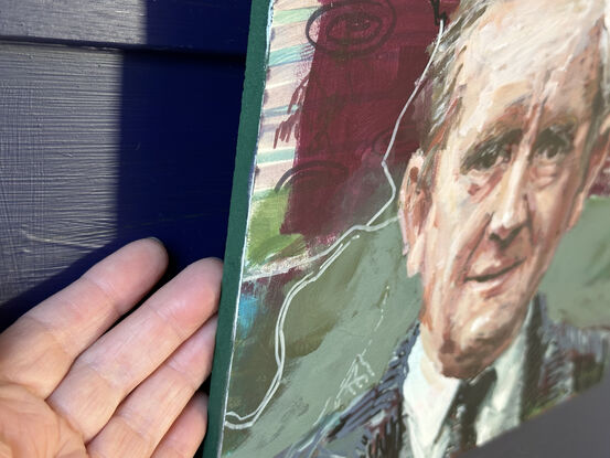 An original painting of JRR Tolkien, taken from a photo of him found on the internet painted on board ready to hang with chord fastened to the back.