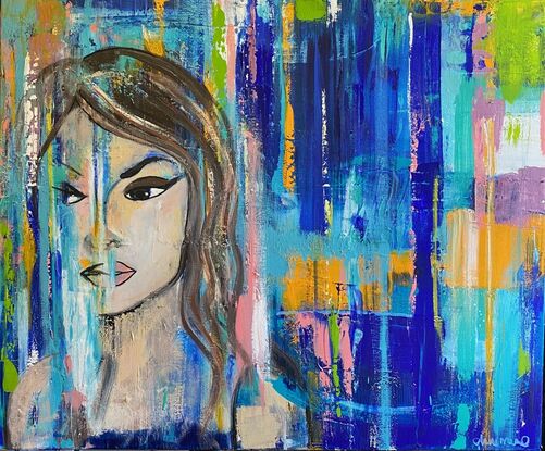 Bold Blue and multi coloured lines with female face.