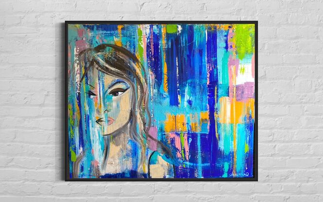 Bold Blue and multi coloured lines with female face.