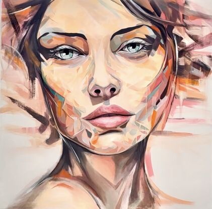 Close up of a beautiful woman’s face with shards of blue, orange and pink tones making up the skin tones in abstract form.