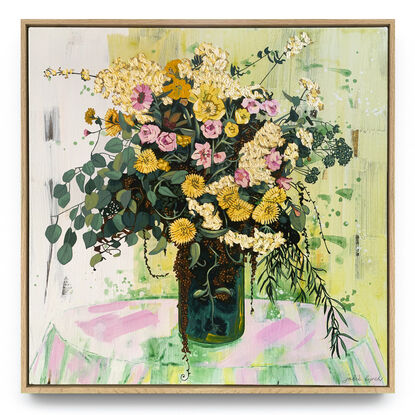 A framed, expressive still life painting of entangled flora in greens, yellows, pinks and whites.