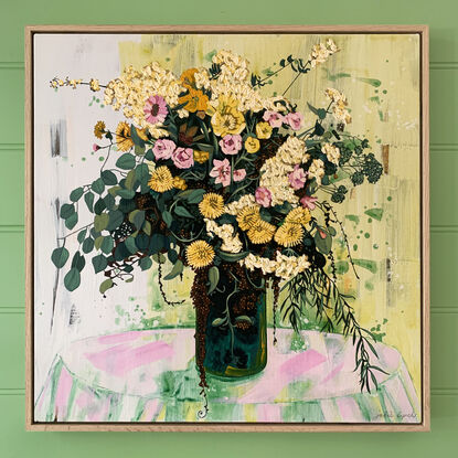 A framed, expressive still life painting of entangled flora in greens, yellows, pinks and whites.