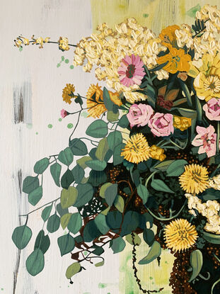 A framed, expressive still life painting of entangled flora in greens, yellows, pinks and whites.